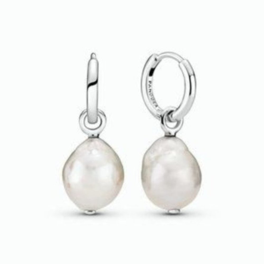 PANDORA fresh water cultured pearl baroque hoop huggie earrings